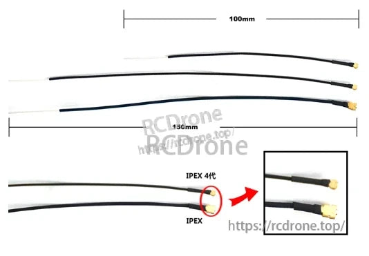150mm antenna length comparison graphic showing IPEX vs IPEX4 connector types and cable styles