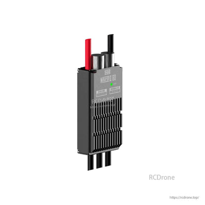 Rear angled view showing Neuron 80 ESC casing, finned heatsink, and LED indicator on label