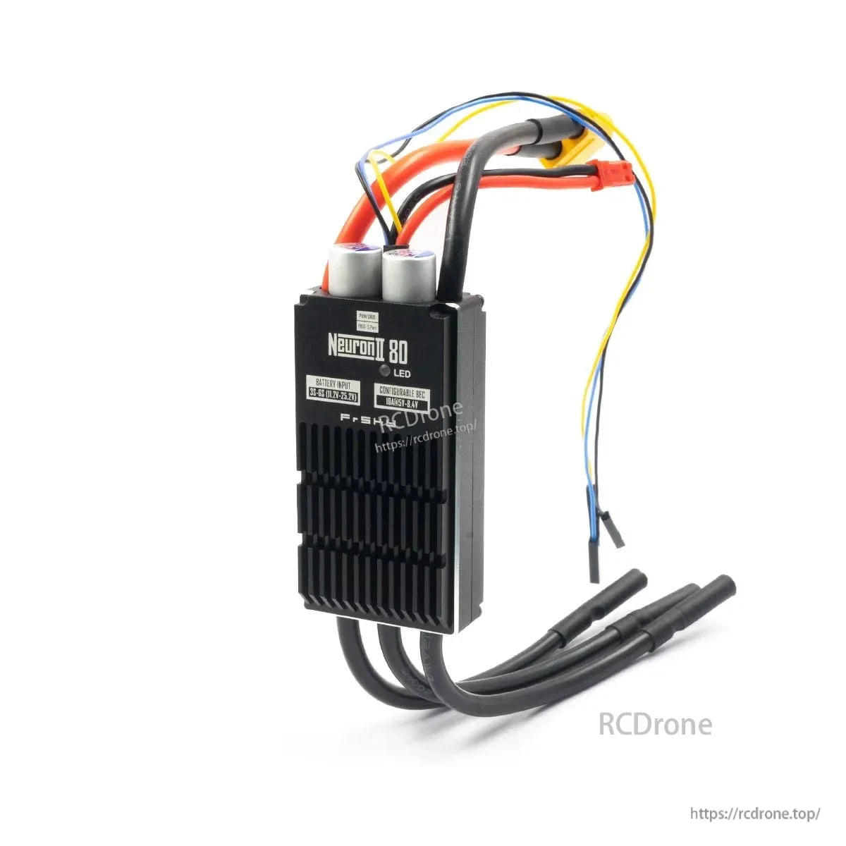 Upright view of Neuron 80 ESC showing top wire bundle, servo-style plugs, and motor leads