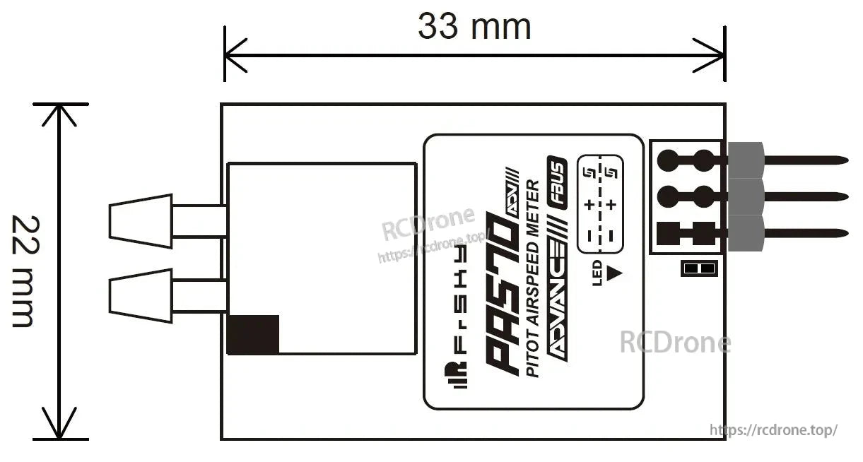 PAS70 ADV airspeed sensor dimensions diagram showing 33 mm length, 22 mm width, ports and pin header