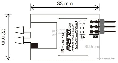 PAS70 ADV airspeed sensor dimensions diagram showing 33 mm length, 22 mm width, ports and pin header