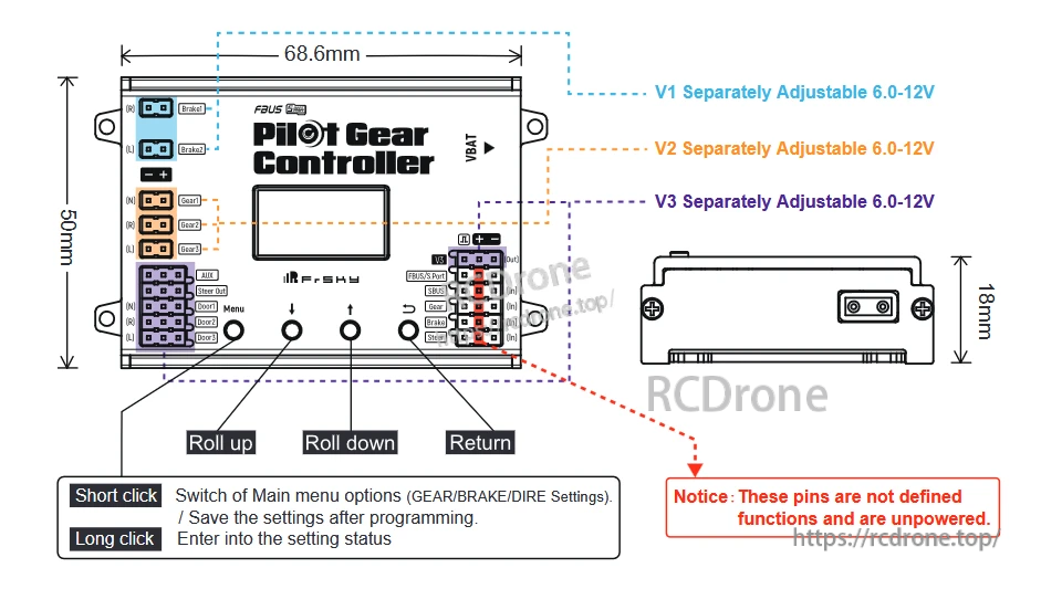 FrSky Pilot Gear Controller (PGC) module layout with ports, buttons, dimensions, and 3 adjustable BEC outputs