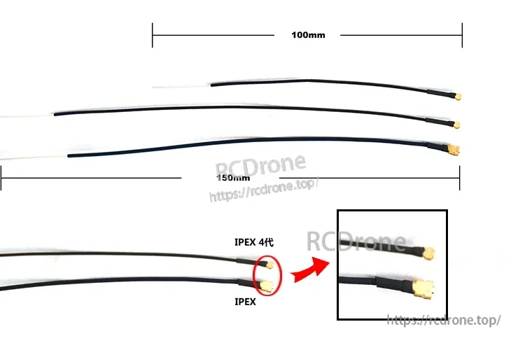 FrSky IPEX1 150mm 2.4GHz Receiver Dipole Antenna with length reference and close-up of the IPEX connector