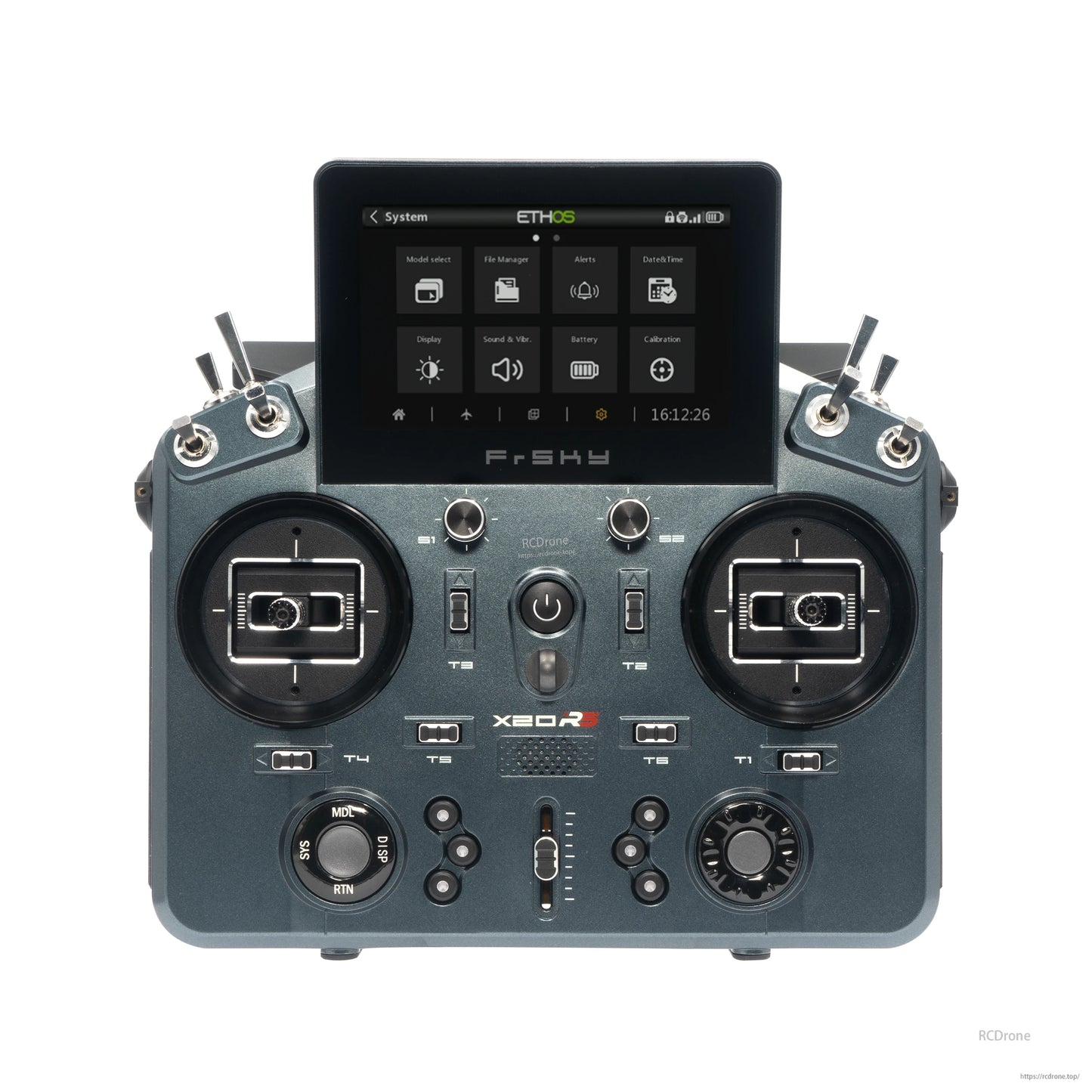 TANDEM X20RS transmitter front view in dark gray with touchscreen and full control layout