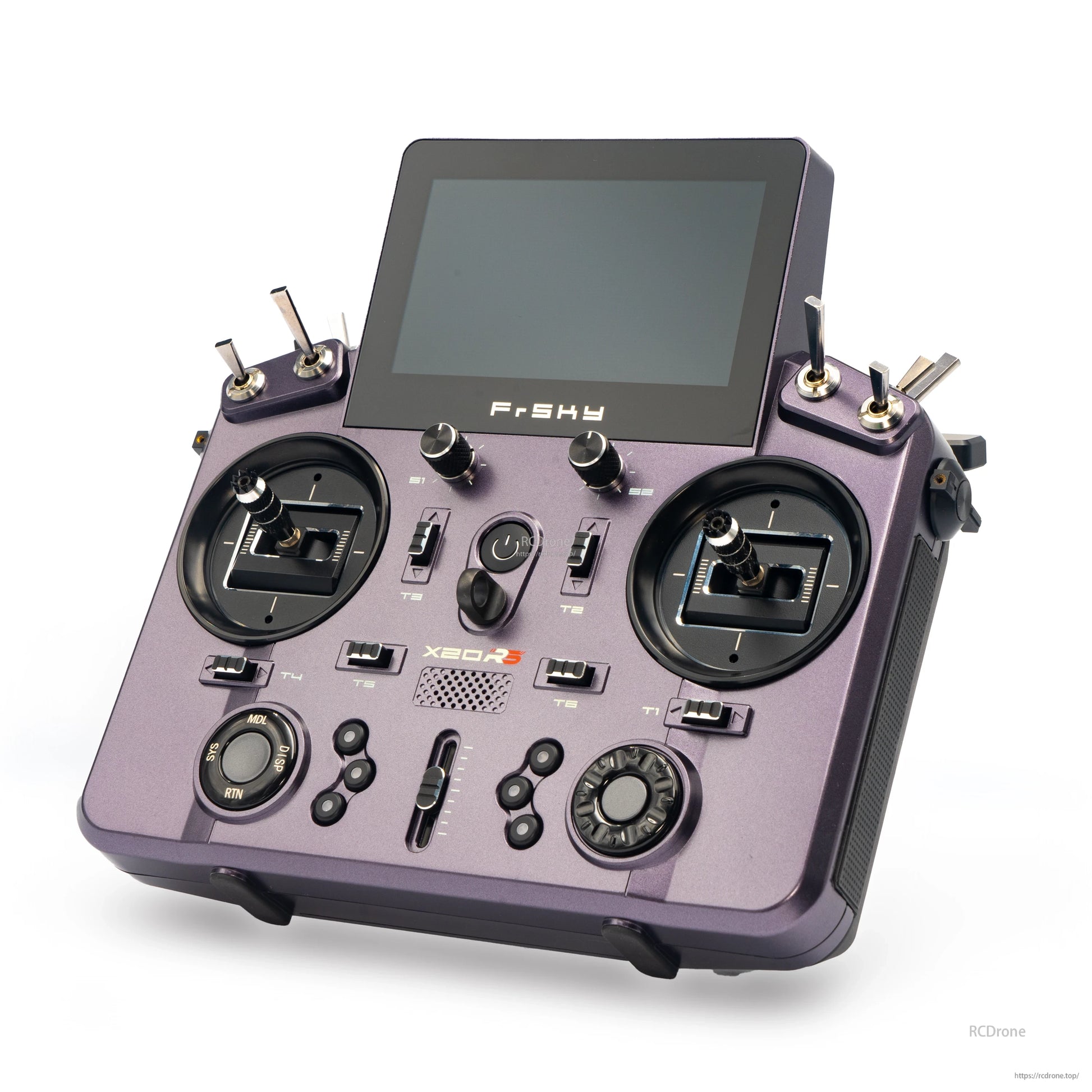Purple TANDEM X20RS transmitter angled view showing gimbal sticks, switches, and touchscreen