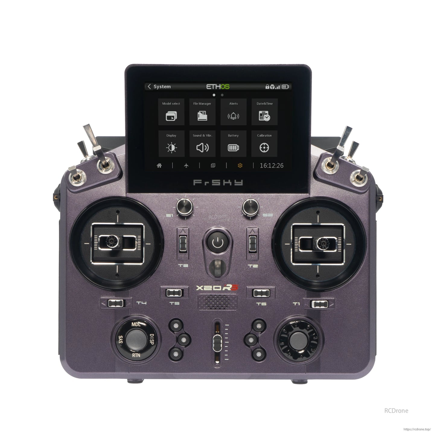 Purple TANDEM X20RS transmitter front view with touchscreen interface and dual gimbals