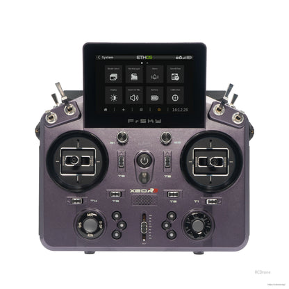 Purple TANDEM X20RS transmitter front view with touchscreen interface and dual gimbals