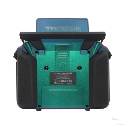 TANDEM X20RS transmitter rear view in teal showing hand grips and rear module/battery cover area