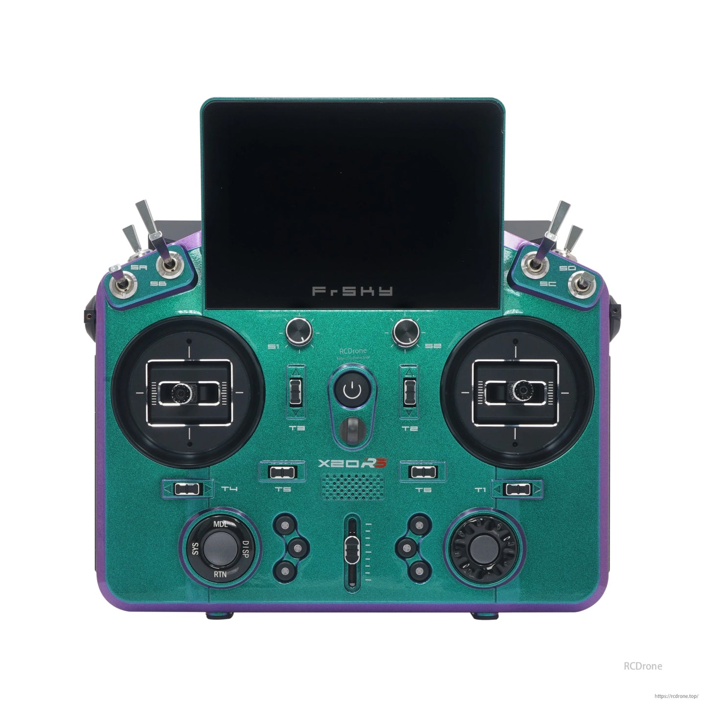 TANDEM X20RS transmitter front view with screen off, showing switches, dials, and dual gimbals