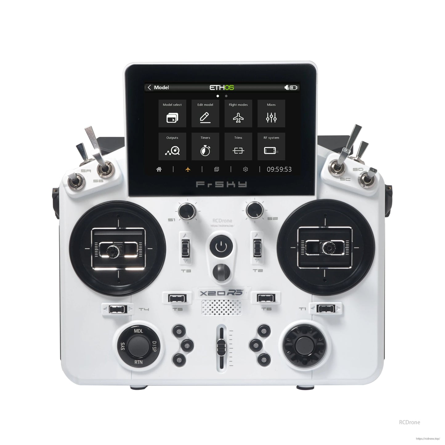 White TANDEM X20RS transmitter front view with touchscreen menus, dual gimbals, and switches