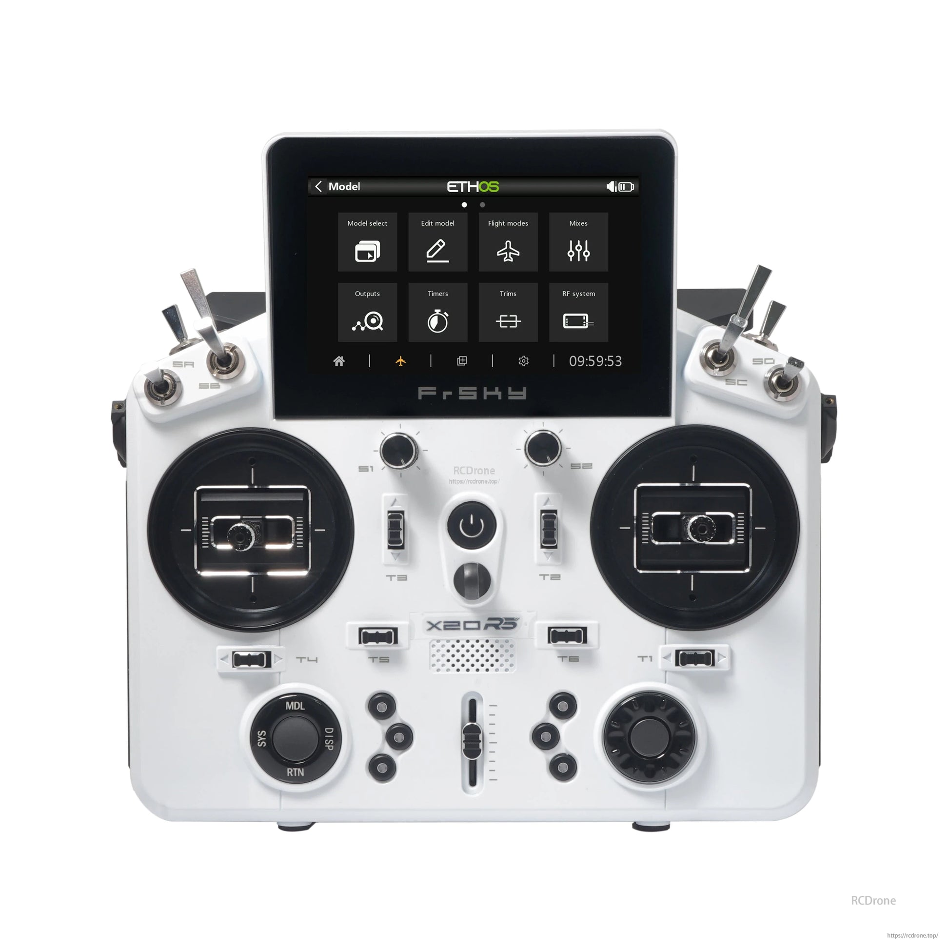 White TANDEM X20RS transmitter front view with touchscreen menus, dual gimbals, and switches
