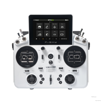 White TANDEM X20RS transmitter front view with touchscreen menus, dual gimbals, and switches