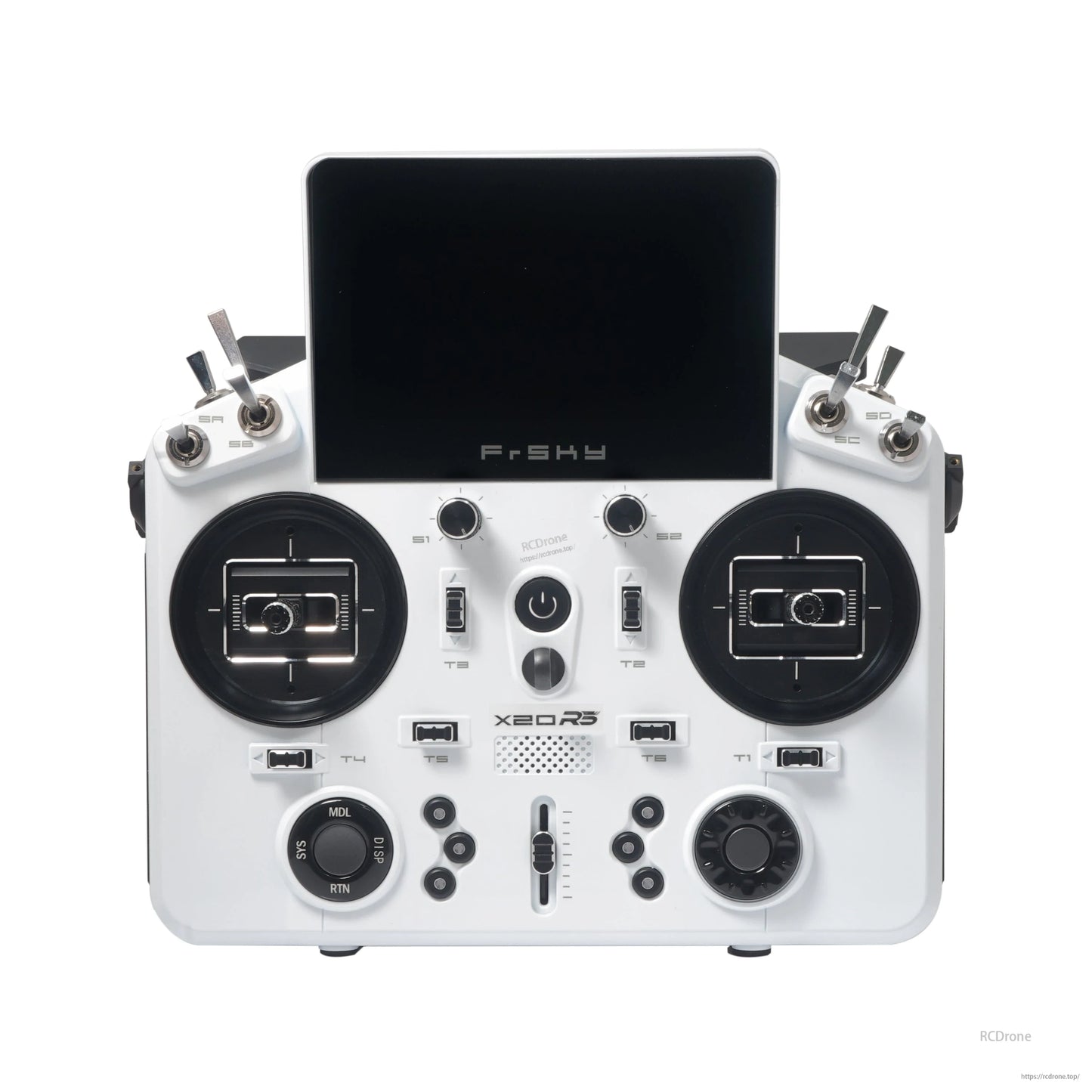 White TANDEM X20RS transmitter front view with screen off showing gimbals and control layout