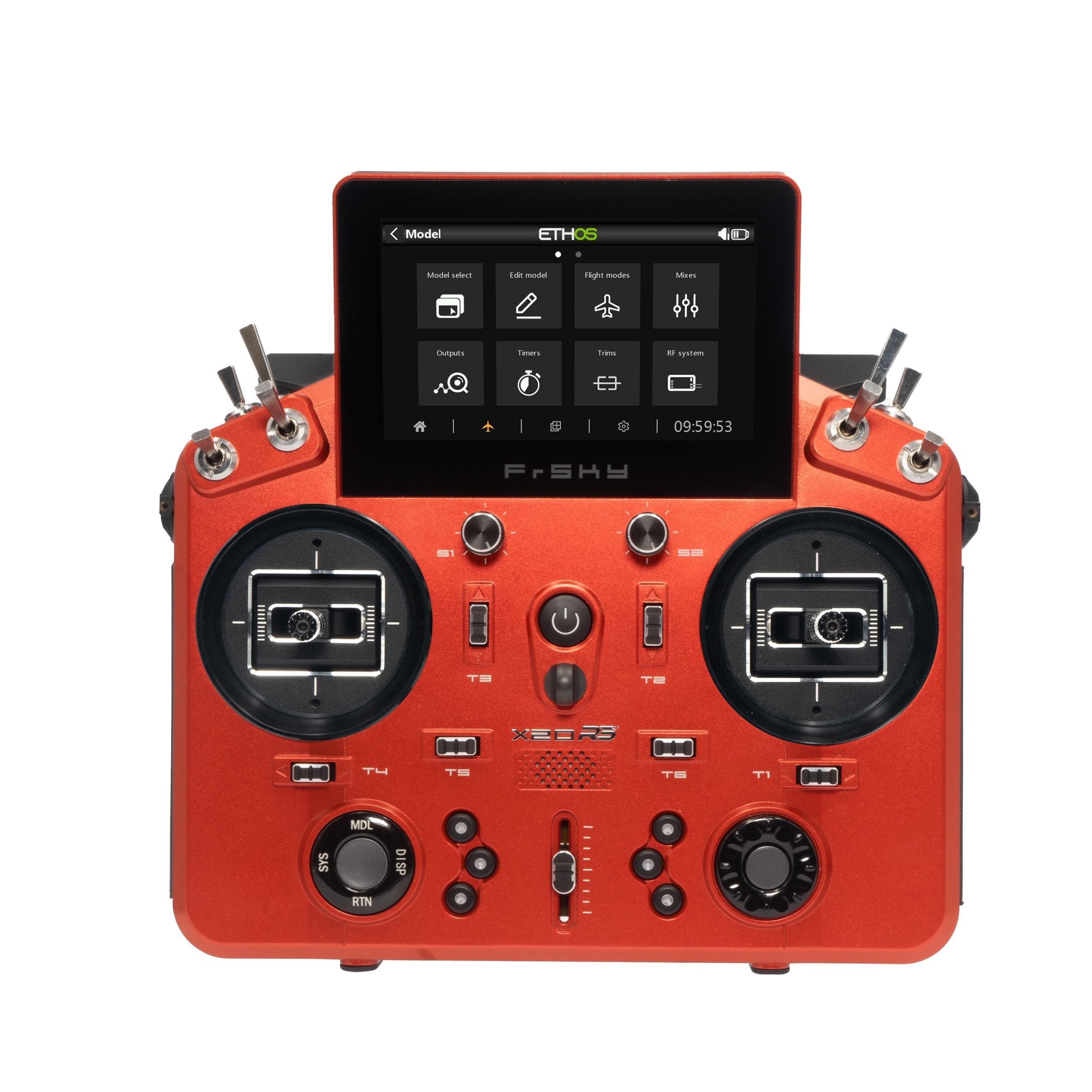 FrSky Tandem X20RS transmitter features model selection, editing, and modes, with 8 outputs, timer, and trims.