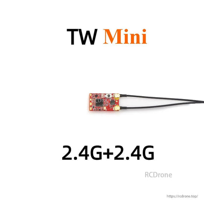TW Mini receiver product graphic showing 2.4G+2.4G text, with RCDrone watermark