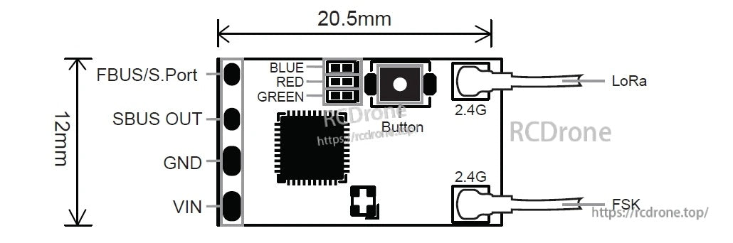 FrSky TW Mini Receiver layout with 20.5 x 12 mm dimensions, VIN/GND pads, SBUS OUT and FBUS/S.Port ports