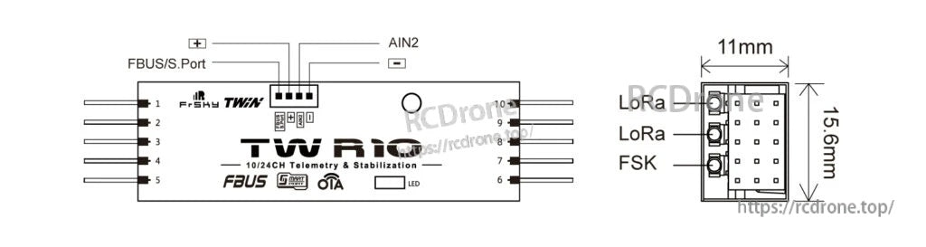 FrSky TW R10 TW Protocol Receiver layout with channel pins 1–10, FBUS/S.Port, AIN2, and onboard markings