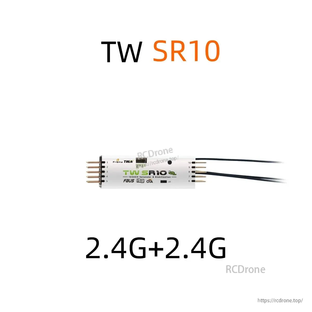 TW SR10 receiver graphic with 2.4G+2.4G text and RCDrone watermark/URL in the corners