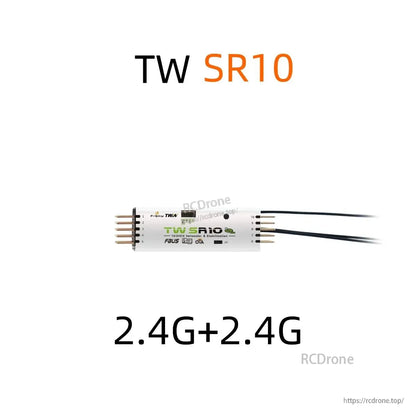 TW SR10 receiver graphic with 2.4G+2.4G text and RCDrone watermark/URL in the corners