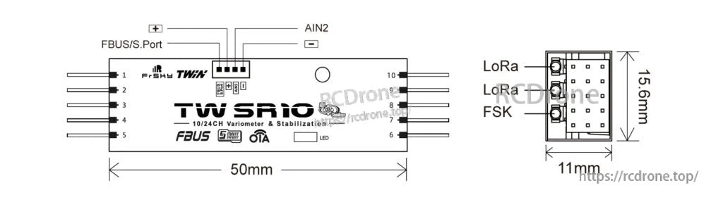 FrSky TW SR10 2.4GHz TW TWIN RC receiver layout with pin labels and mechanical dimensions