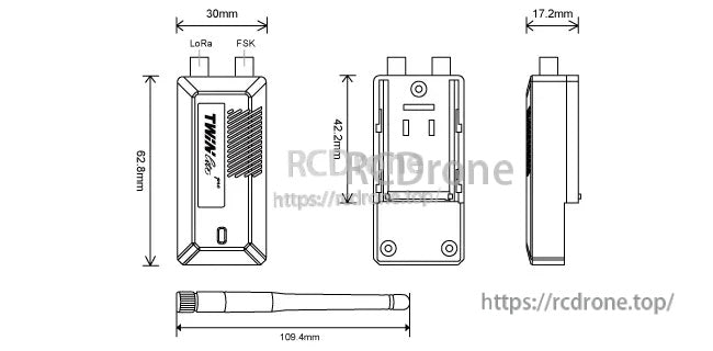 FrSky TWIN Lite Pro RF module mechanical drawing with dimensions, top connectors (LoRa/FSK) and antenna length