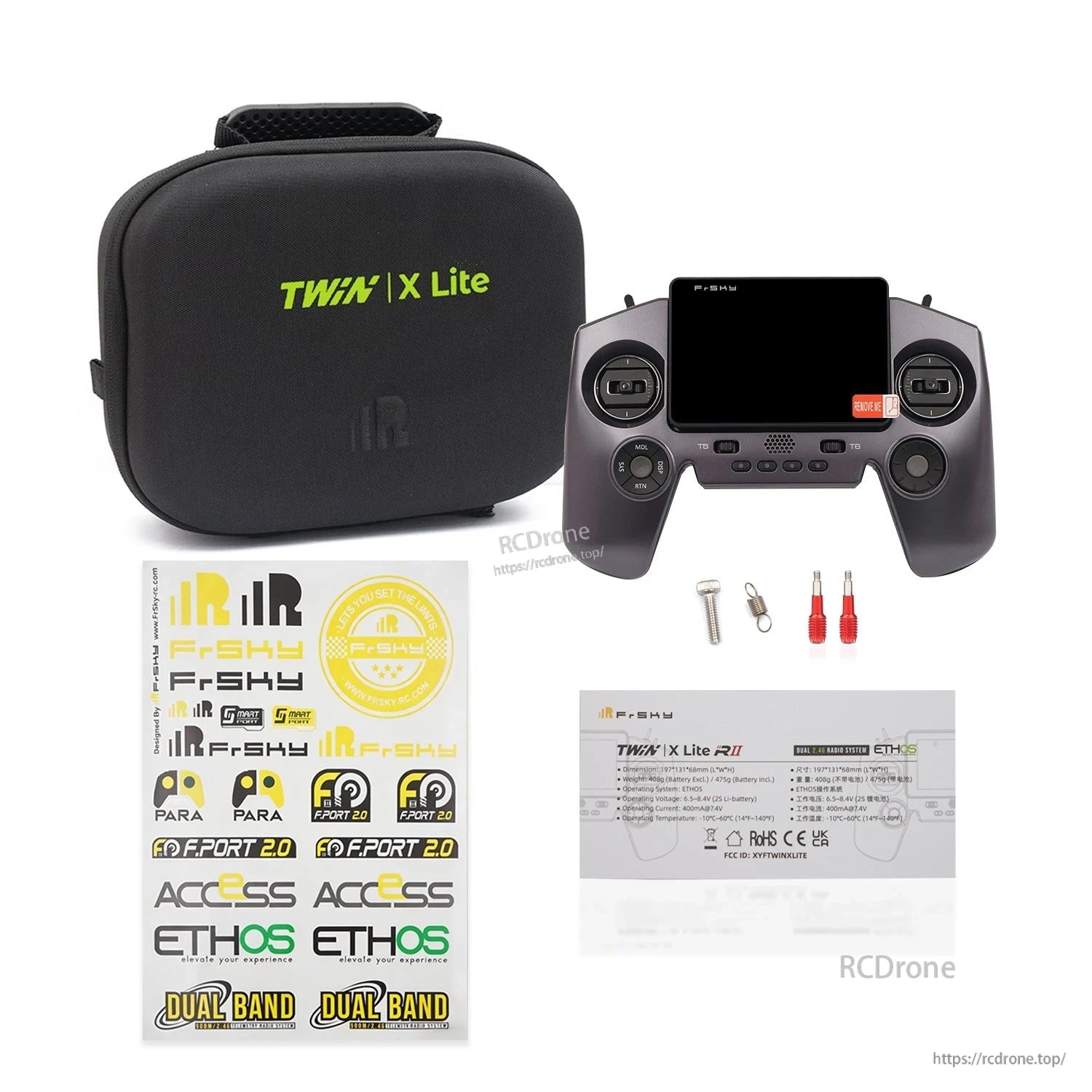 Carrying case bundle with gray transmitter, sticker sheet, screws, tools, and instruction card