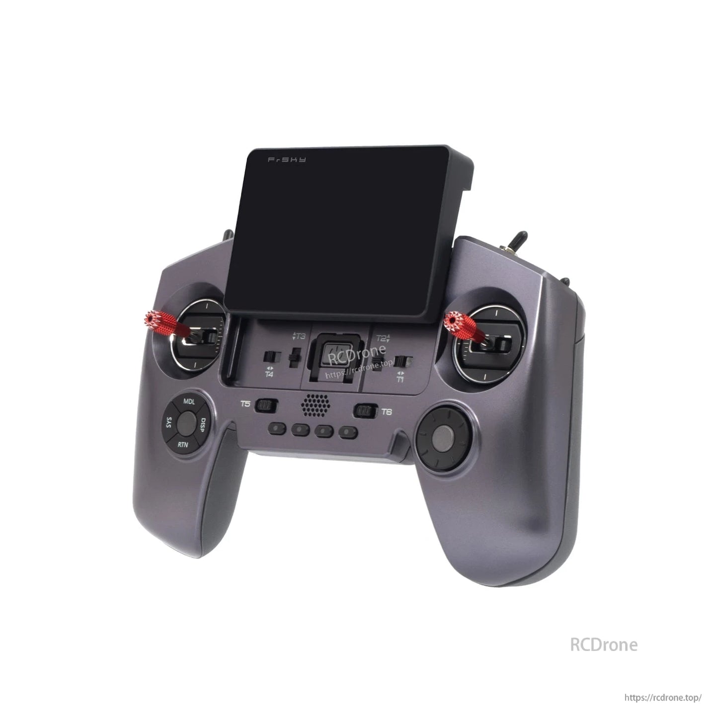 Gray X-Lite RII transmitter angled front view with screen folded up and red stick ends