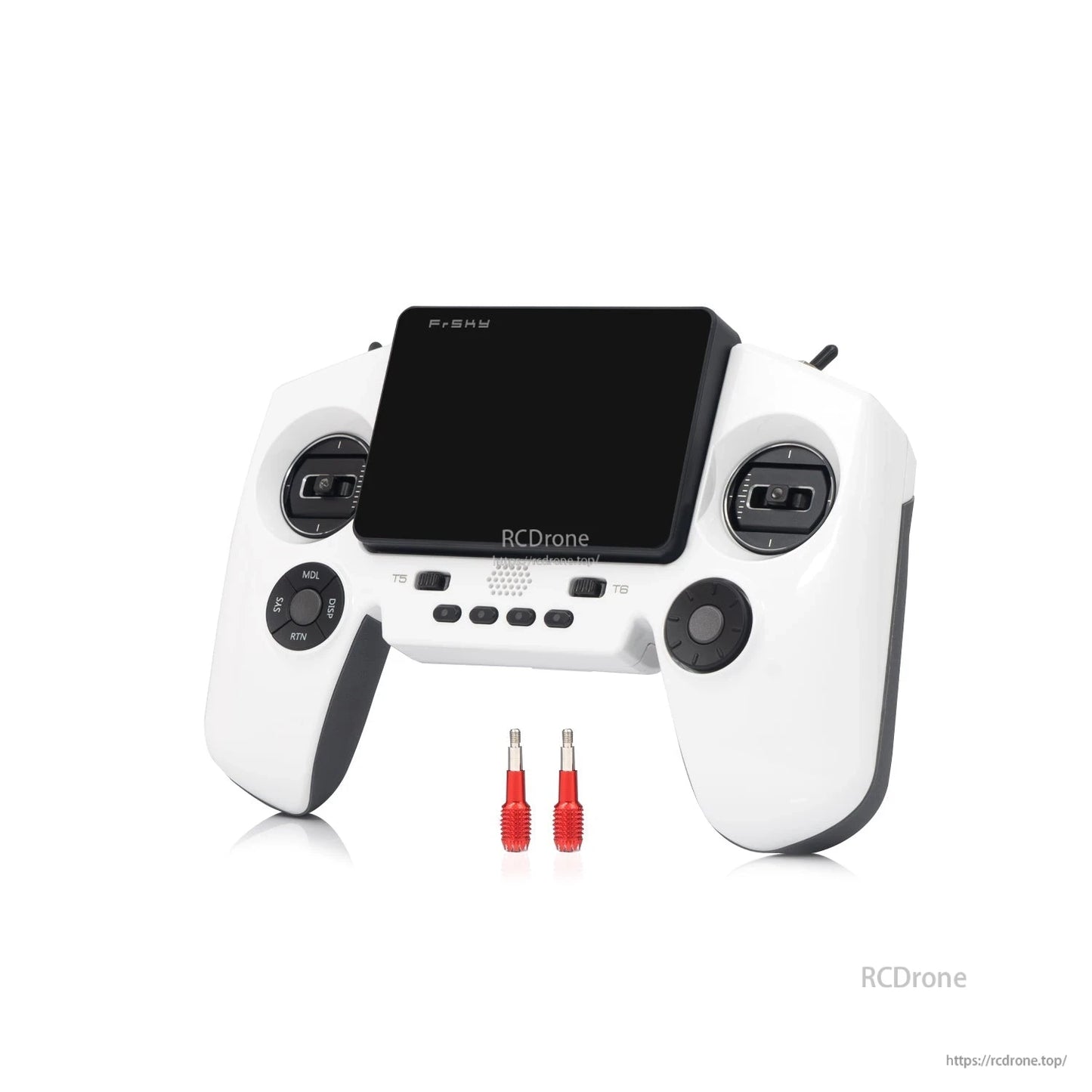 White transmitter angled view with screen folded up and two red gimbal stick ends in front