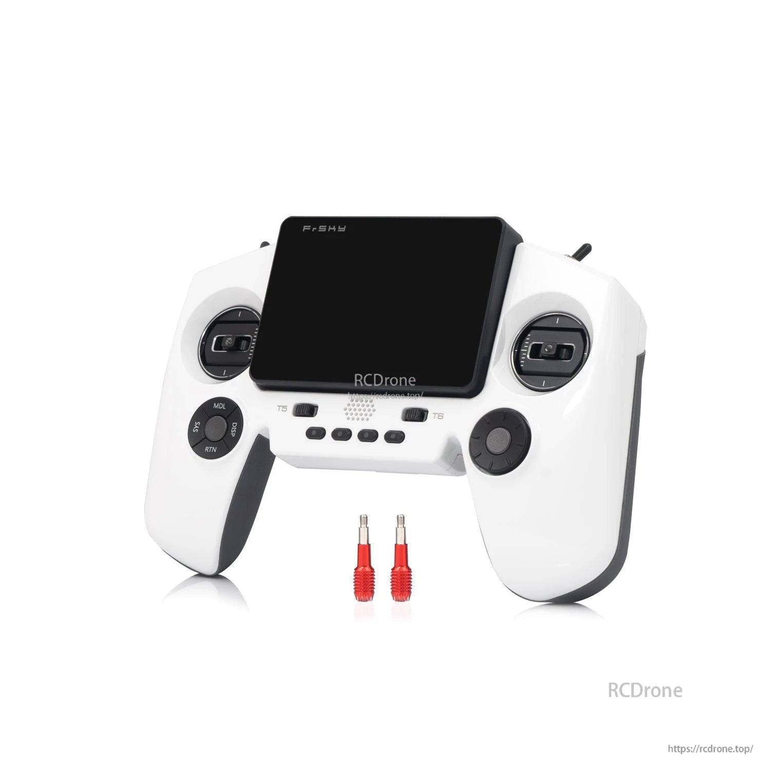 White transmitter angled view with screen folded up and two red gimbal stick ends in front