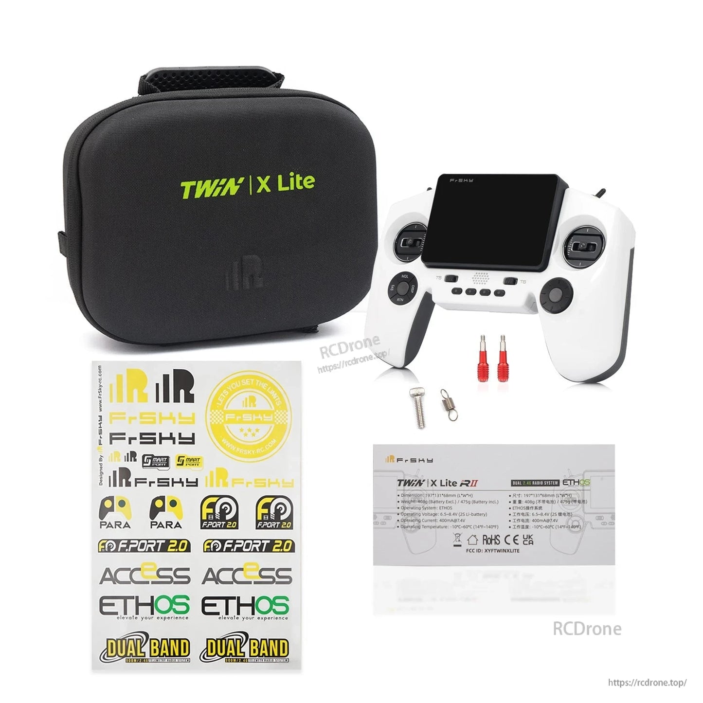 X-Lite carrying case and accessory set with transmitter, stickers, screws, tools, and label card