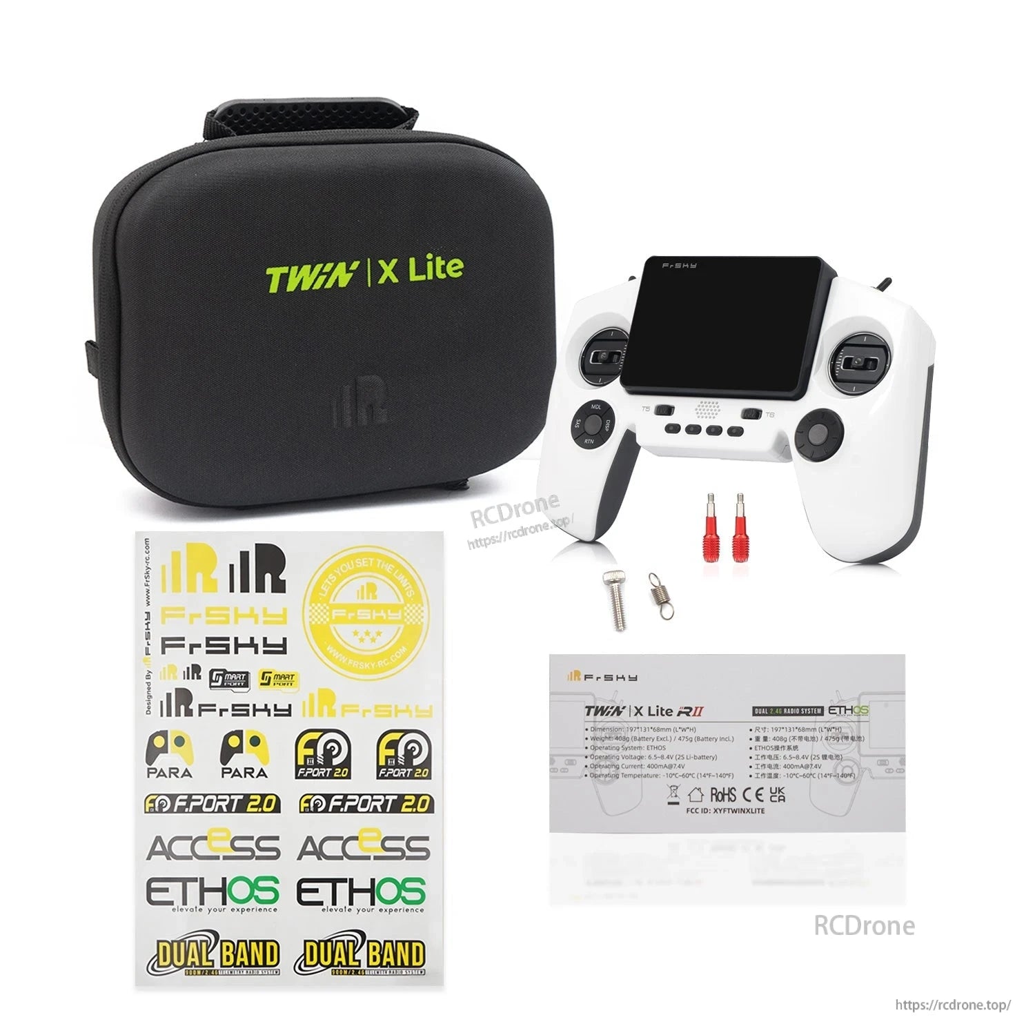X-Lite carrying case and accessory set with transmitter, stickers, screws, tools, and label card