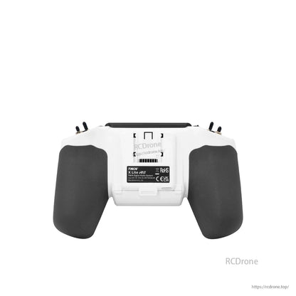 White transmitter rear view showing grip backs and product label with compliance icons