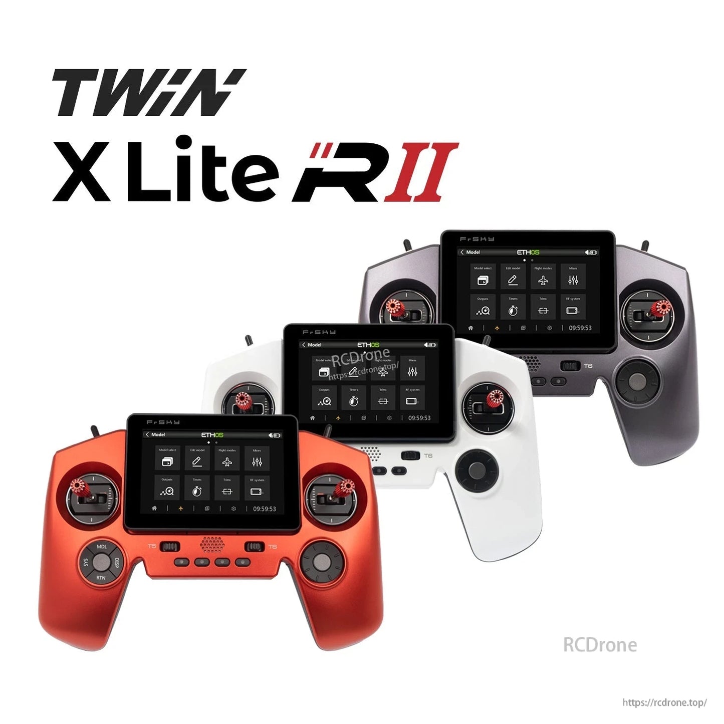 FrSky TWIN X-Lite RII color options graphic showing red, white, and gray transmitters