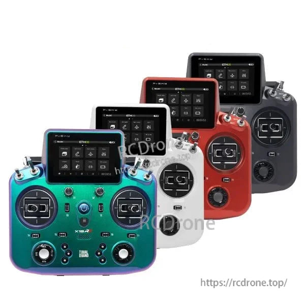 FrSky Tandem X18RS transmitter color lineup front view with touchscreen, watermarked reference image