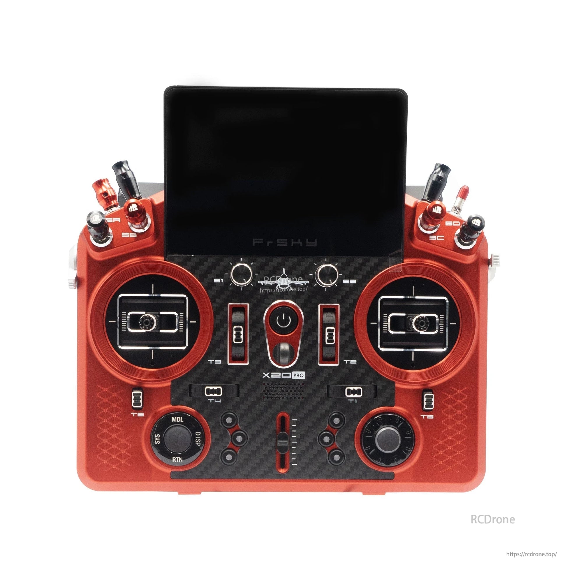 Orange X20 PRO AeroWing Edition transmitter front view showing gimbals, switches, and dials