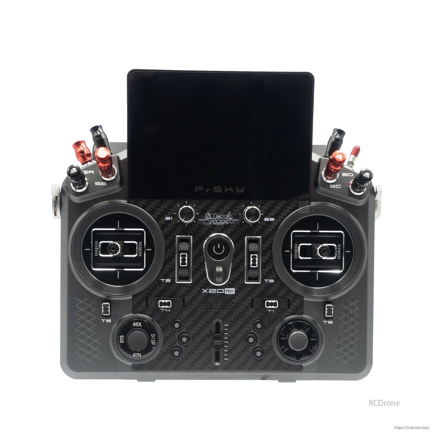 Gray X20 PRO AeroWing Edition transmitter front view showing gimbals, switches, and touchscreen