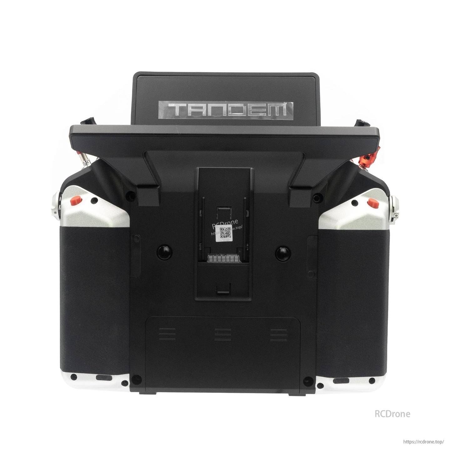Rear view of silver Tandem X20 PRO transmitter showing back panel and battery compartment cover