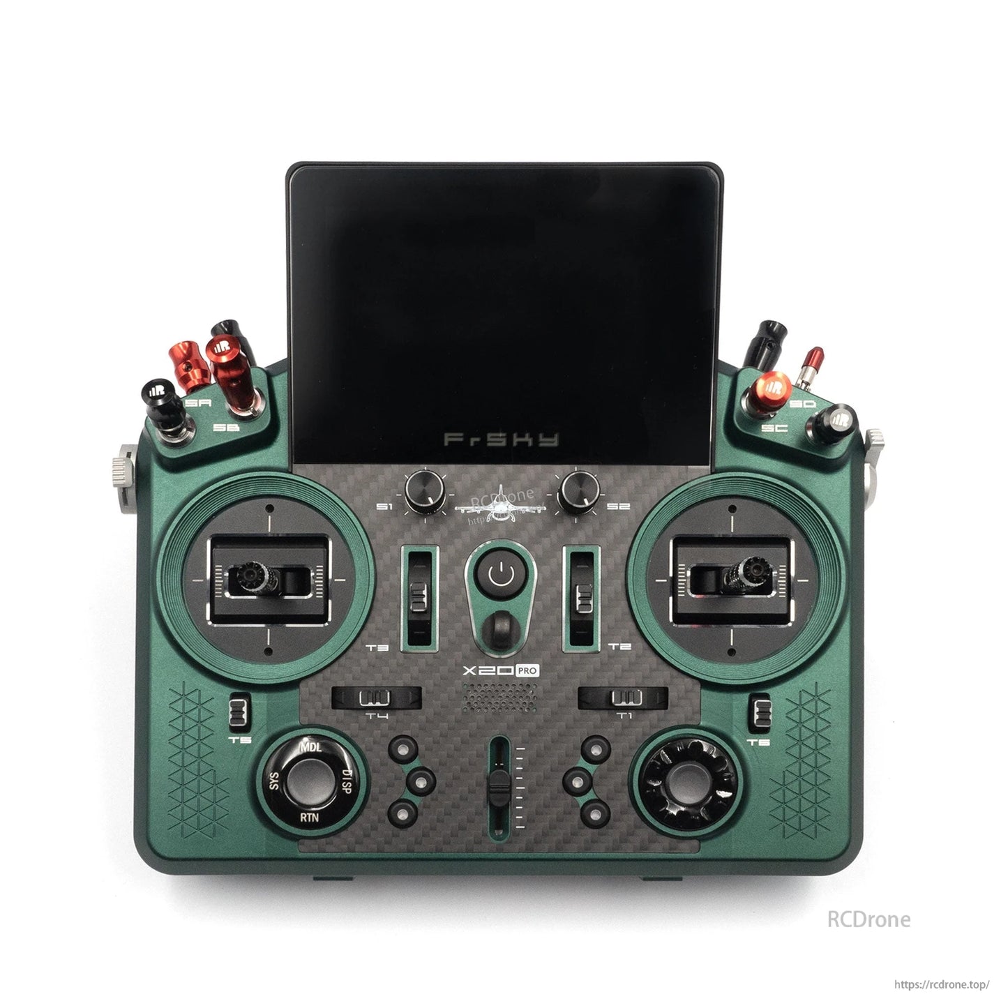 Green X20 PRO AeroWing Edition transmitter front view with gimbals, switches, and touchscreen