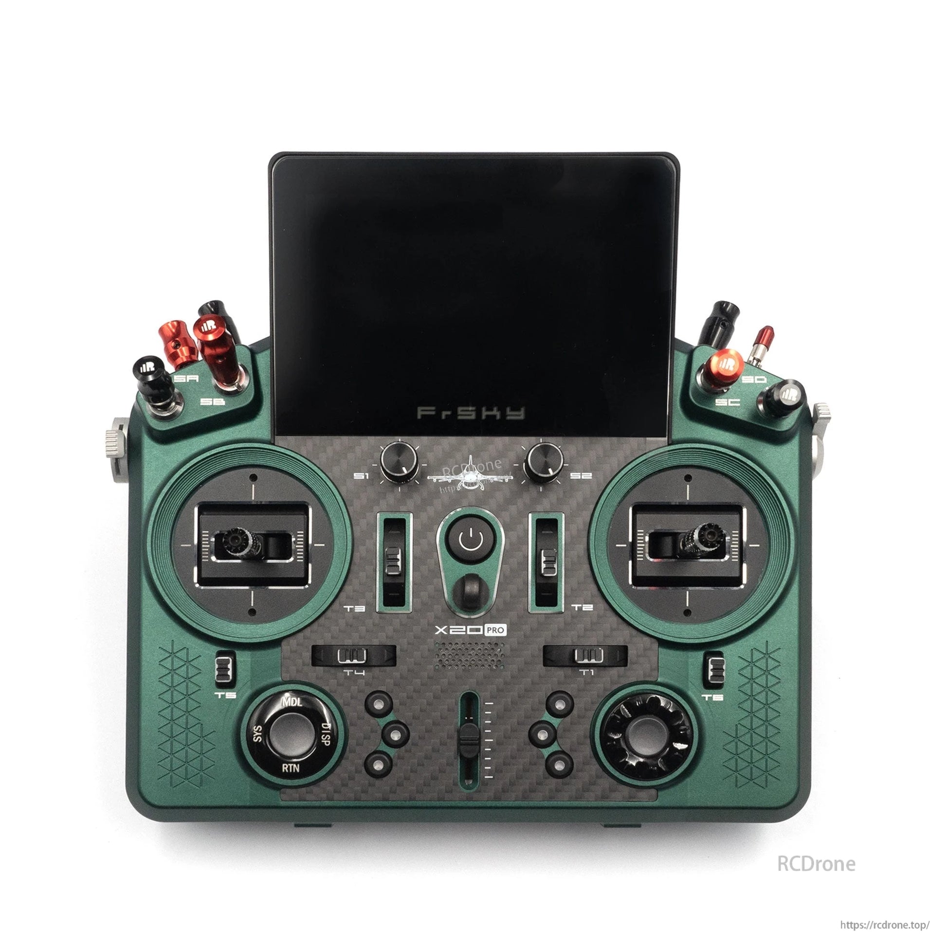 Green X20 PRO AeroWing Edition transmitter front view with gimbals, switches, and touchscreen