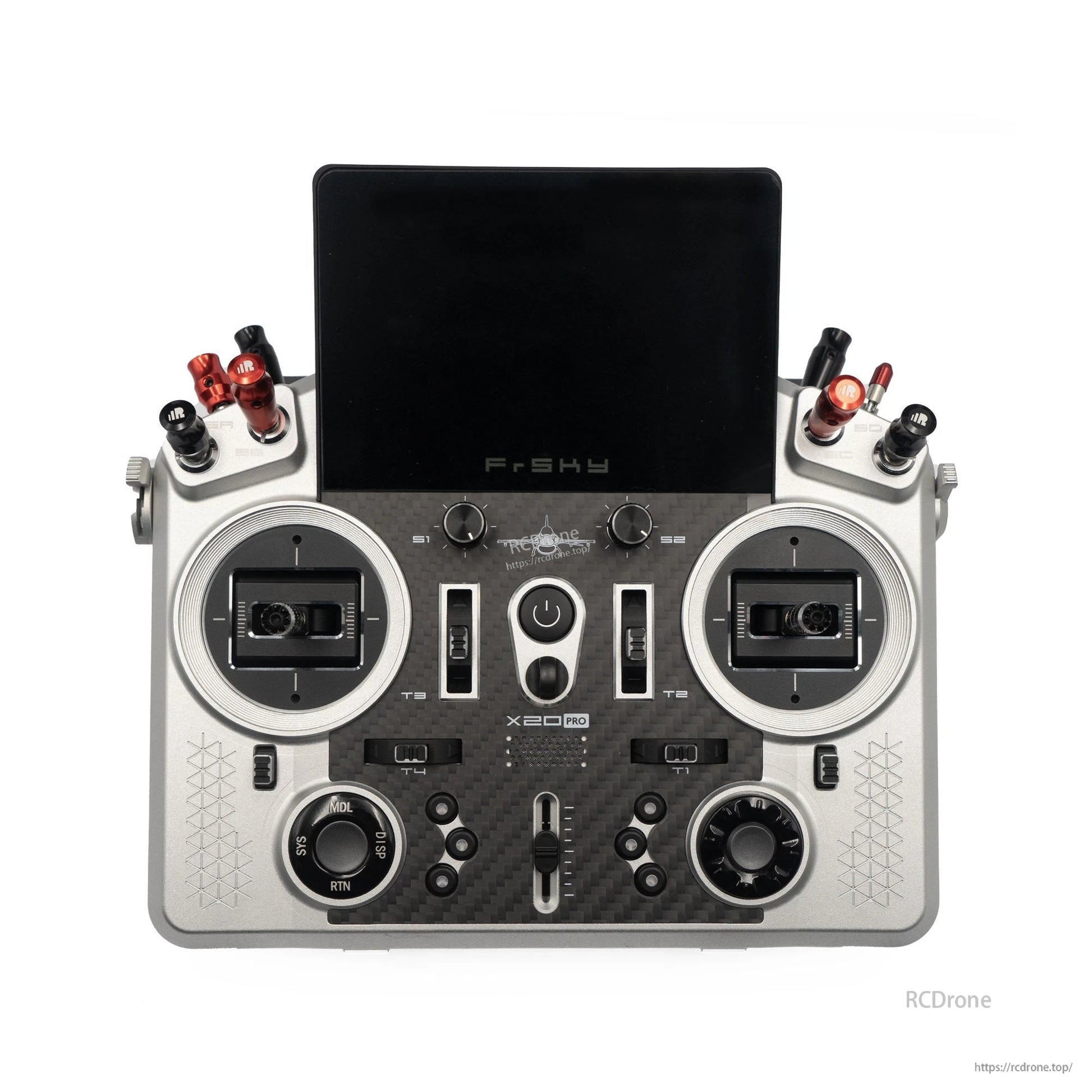 Silver X20 PRO AeroWing Edition transmitter front view with gimbals, trim buttons, and screen