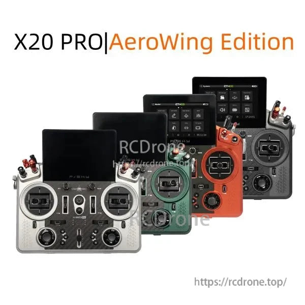X20 PRO AeroWing Edition transmitters shown in multiple color options with large touchscreen