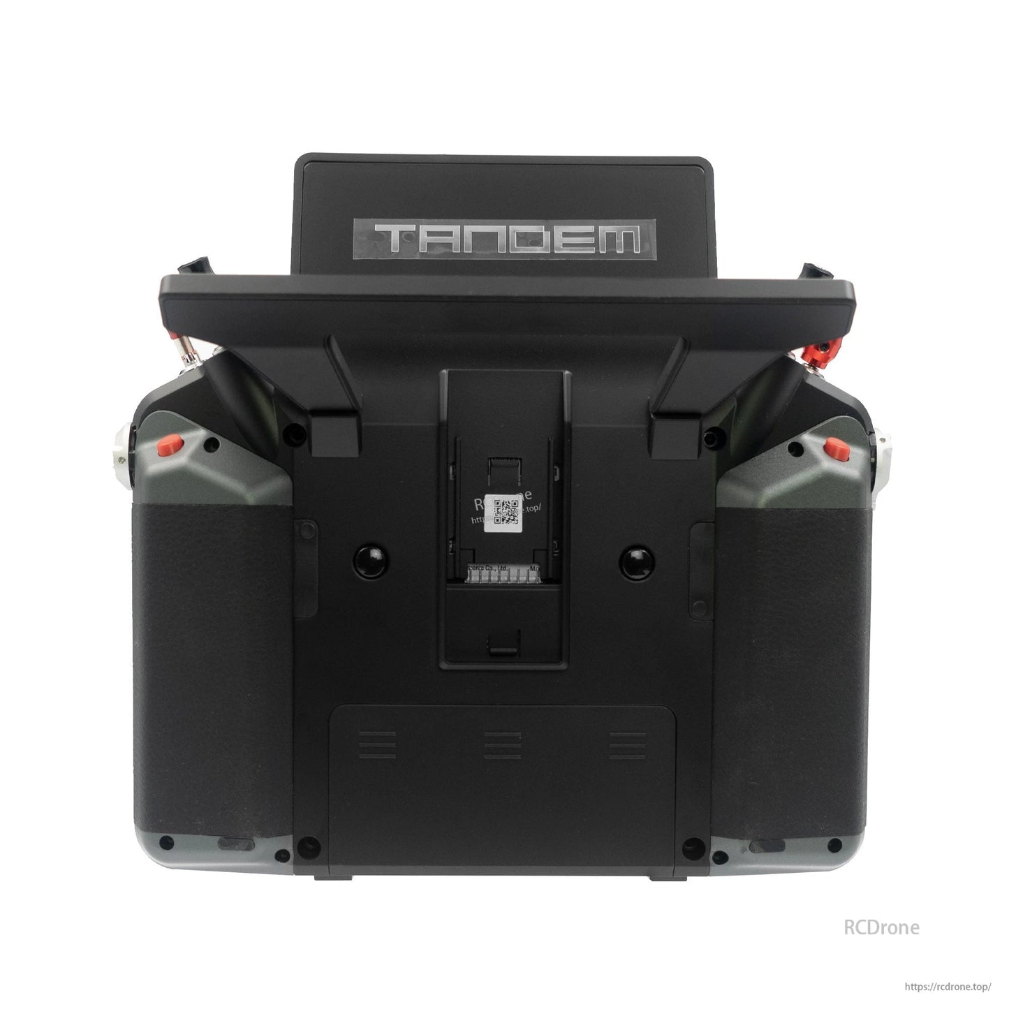 Rear view of Tandem X20 PRO transmitter showing back housing, grips, and center battery bay cover