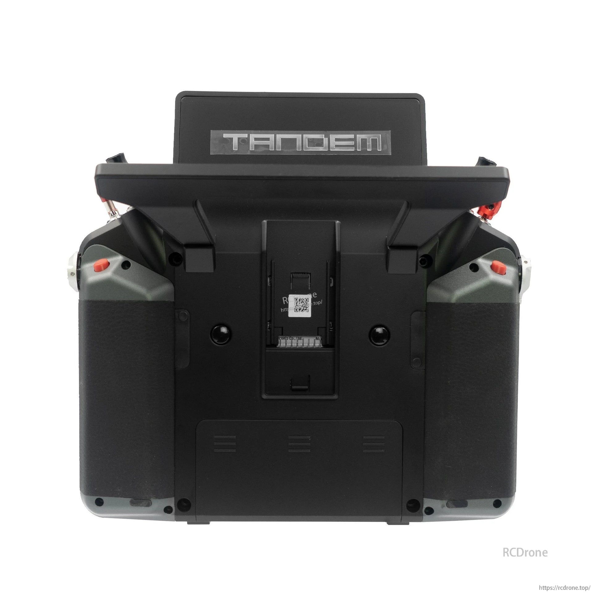 Rear view of Tandem X20 PRO transmitter showing back housing, grips, and center battery bay cover