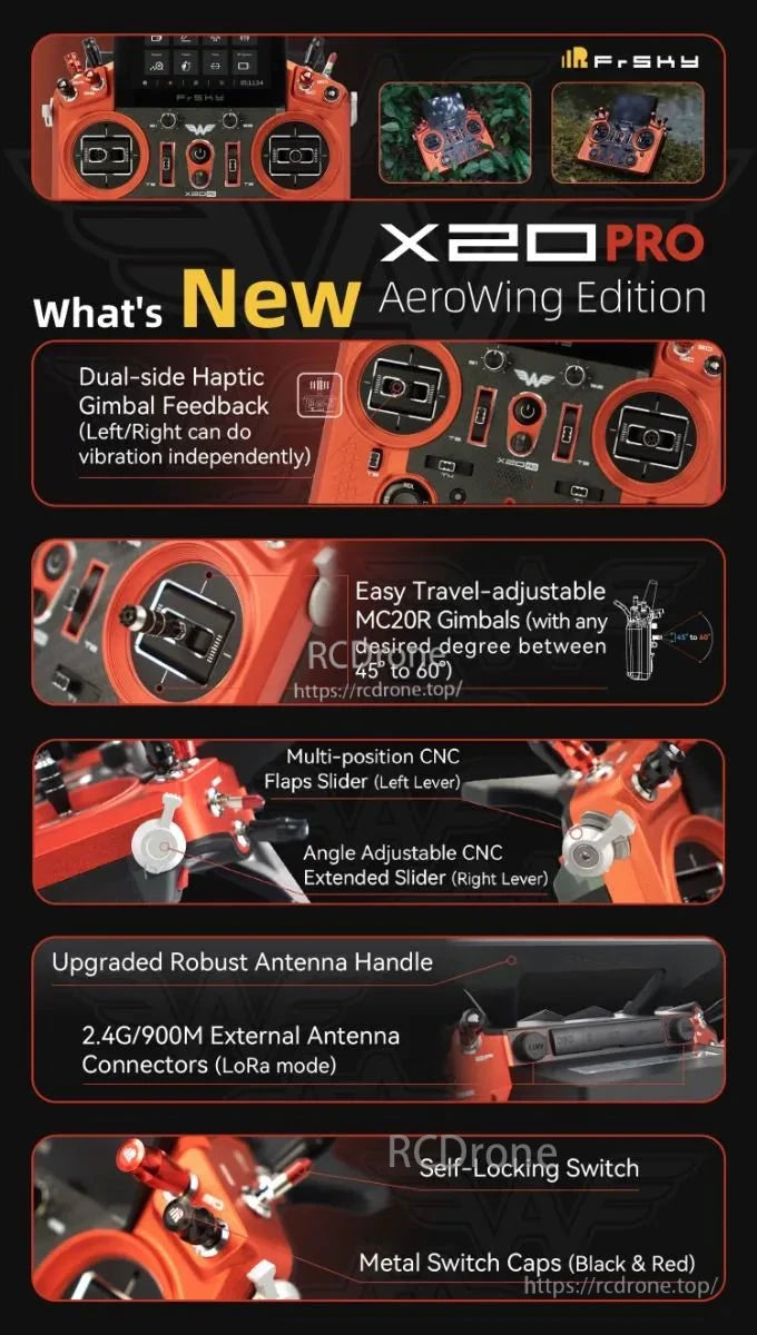 X20 PRO AeroWing Edition feature infographic highlighting haptic gimbals, CNC levers, antenna handle