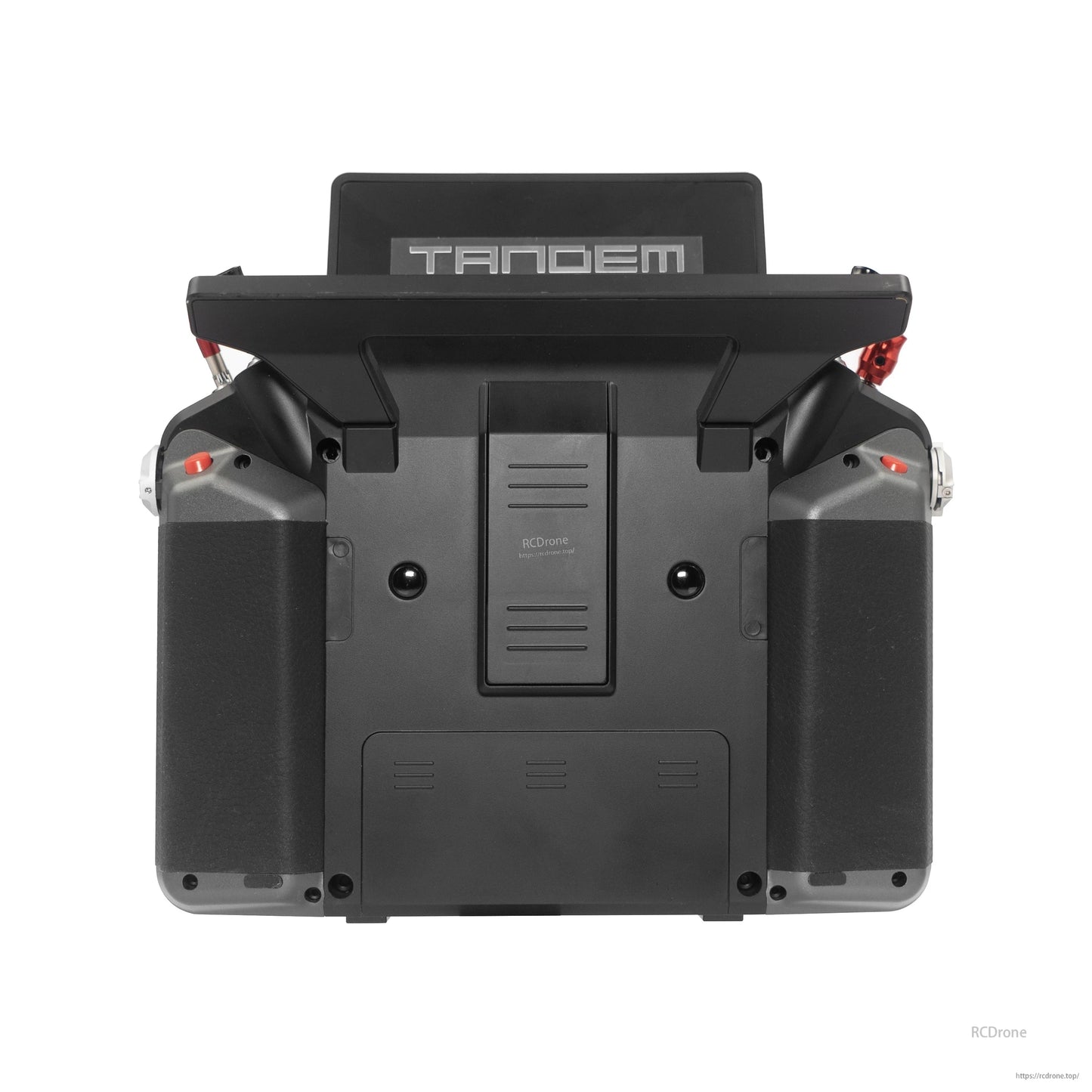 Rear view of gray Tandem X20 PRO transmitter showing back cover, grips, and carry handle mount