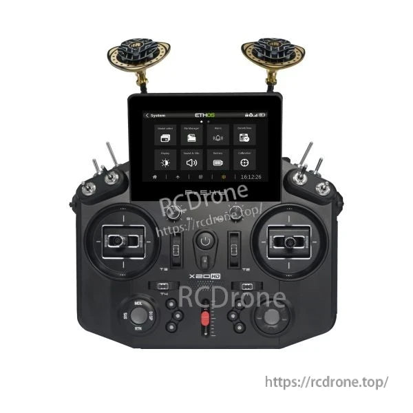 Tandem X20HD transmitter front layout showing gimbals, switches, and color FPV display (watermarked image)