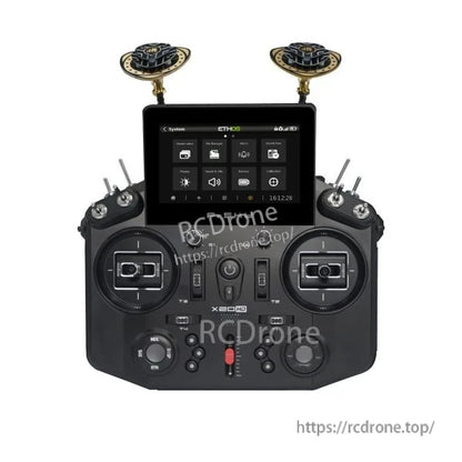 Tandem X20HD transmitter front layout showing gimbals, switches, and color FPV display (watermarked image)