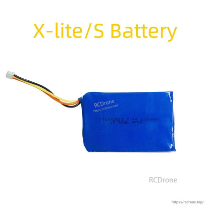 Blue X-Lite/S battery pack with RCDrone branding and 3-wire connector lead, printed text side shown