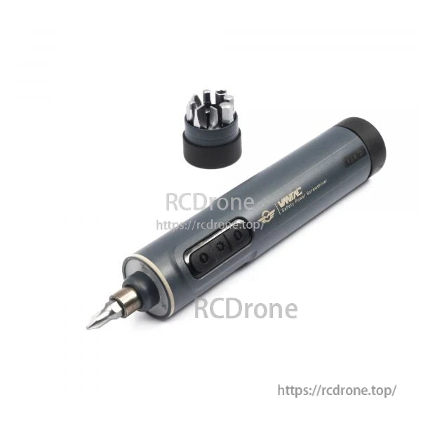 VANTAC cordless precision screwdriver with installed bit and separate 6-bit holder cap, top view