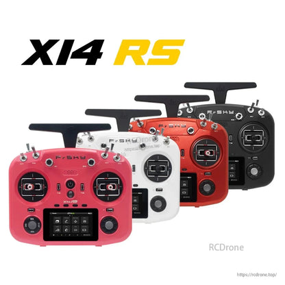 FrSky X14RS radio transmitter shown in red, white and black color options, X14 RS graphic
